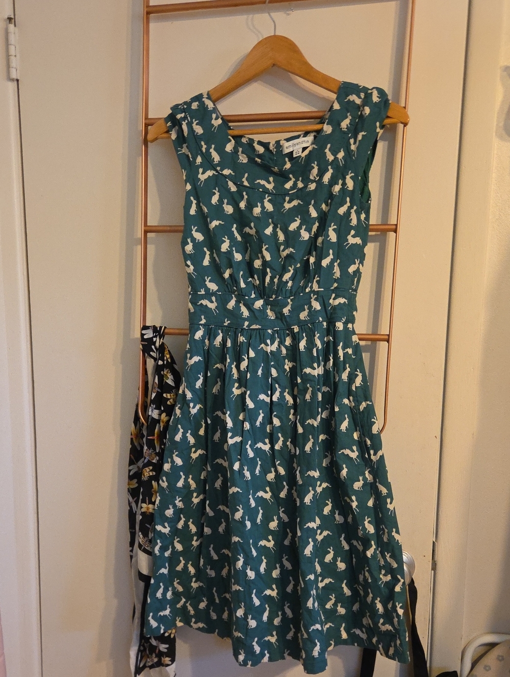 Teal Bunny Print Fit-and-Flare Midi Dress